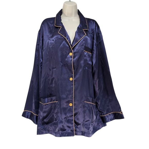Vintage 90s Victoria’s Secret Satin Robe & Pajama Top Set Size XL Blue & Gold - Picture 5 of 7